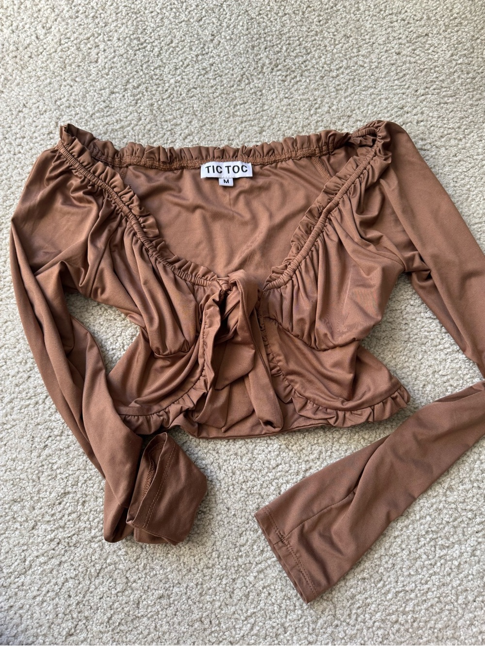 Tic Toc Brown Ruched Tie-Front Off-Shoulder Crop Top sexy - HK